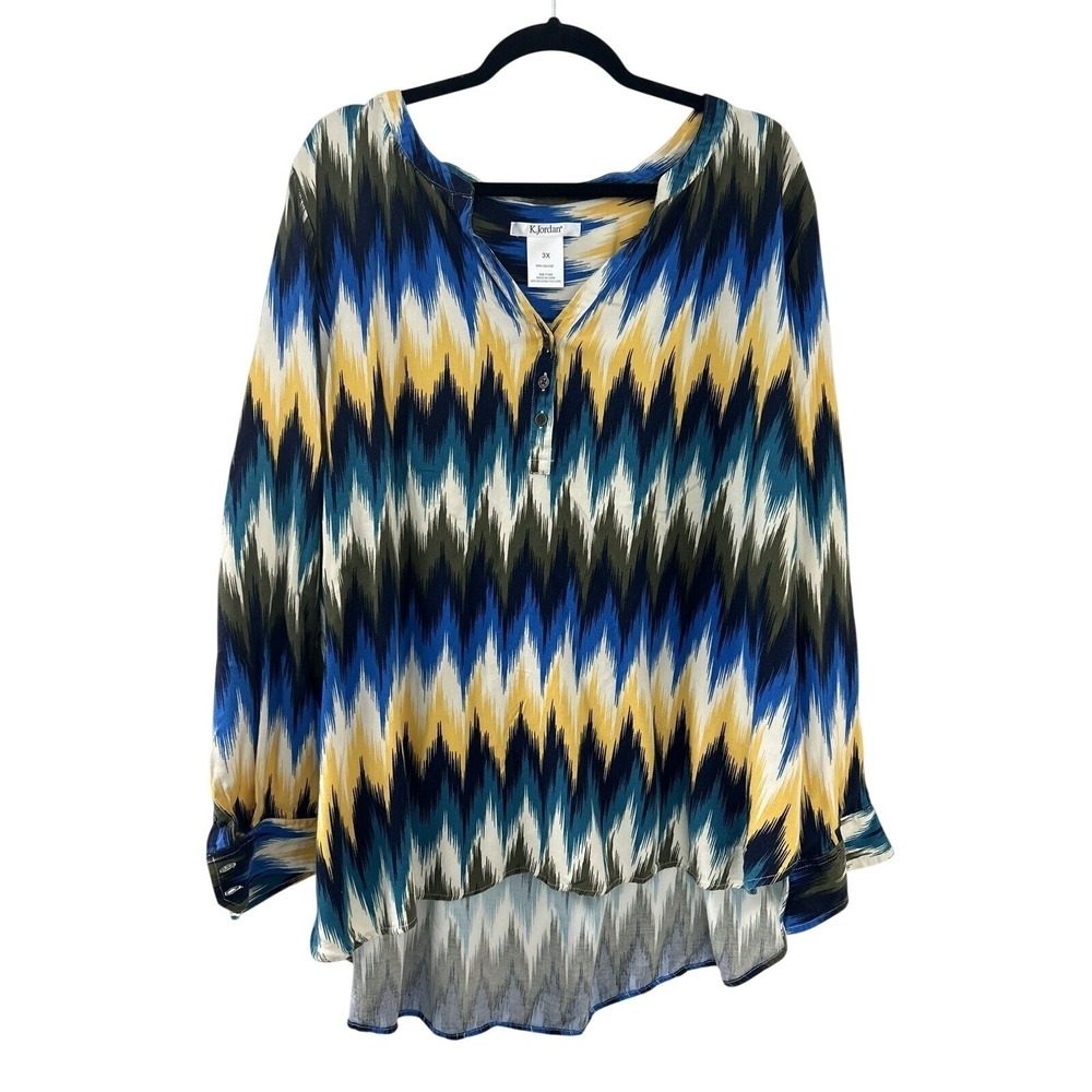 K.Jordan Blue Yellow Ikat Chevron Henley Blouse Plus‎ Size 3X High-Low Tunic